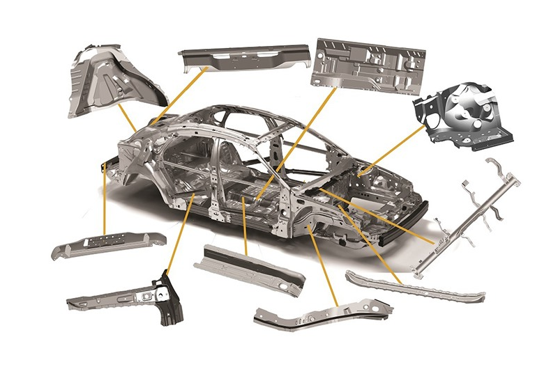 Automóvil con piezas de aluminio. El aluminio se usa ampliamente en transporte, construcción y envases.