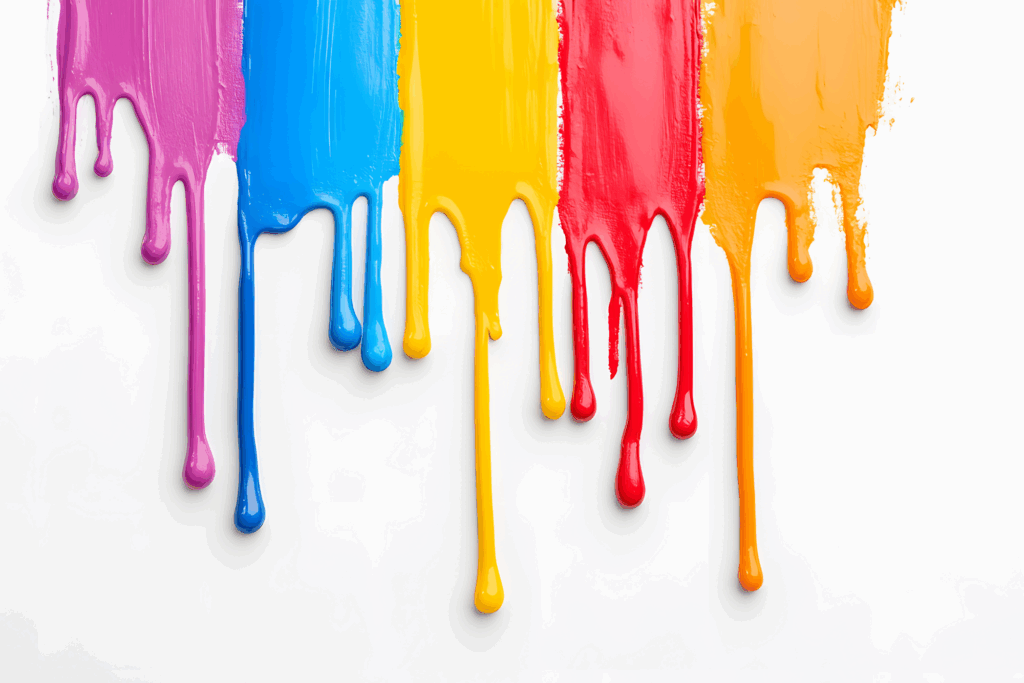 Pintura líquida morada, azul, amarilla, roja y naranja, cayendo de un cuadro blanco, de arriba hacia abajo.