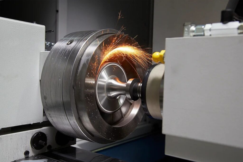 Rectificado cilíndrico de pieza metálica en máquina CNC de alta precisión con generación de chispas durante el proceso.