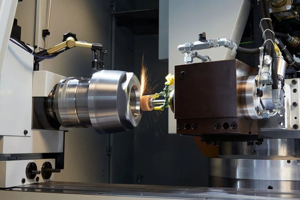 Proceso de rectificado cilíndrico en componente industrial de acero, mostrando acabado superficial y precisión dimensional.