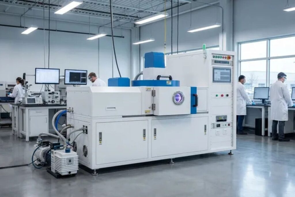 Equipo industrial para recubrimiento al vacío en laboratorio tecnológico con sistema de control y cámara de deposición.